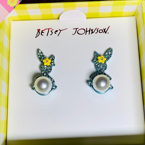 Betsey Johnson Jewelry - Betsey Johnson Blue Easter Bunny w/ Pave Crystals,  Flower, Faux Pearl, earrings